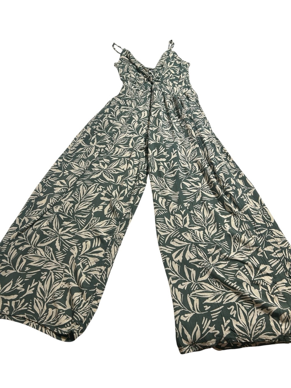 Angie Tropical Leaf Print Wide Leg Jumpsuit Green Cream Size M Boho Resort - Picture 3 of 9